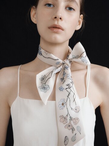 Atelier Bloom Long Twilly Silk Scarf - Warm Ivory/Green Tea