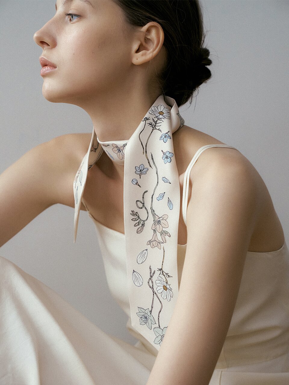 Atelier Bloom Long Twilly Silk Scarf - Warm Ivory/Green Tea