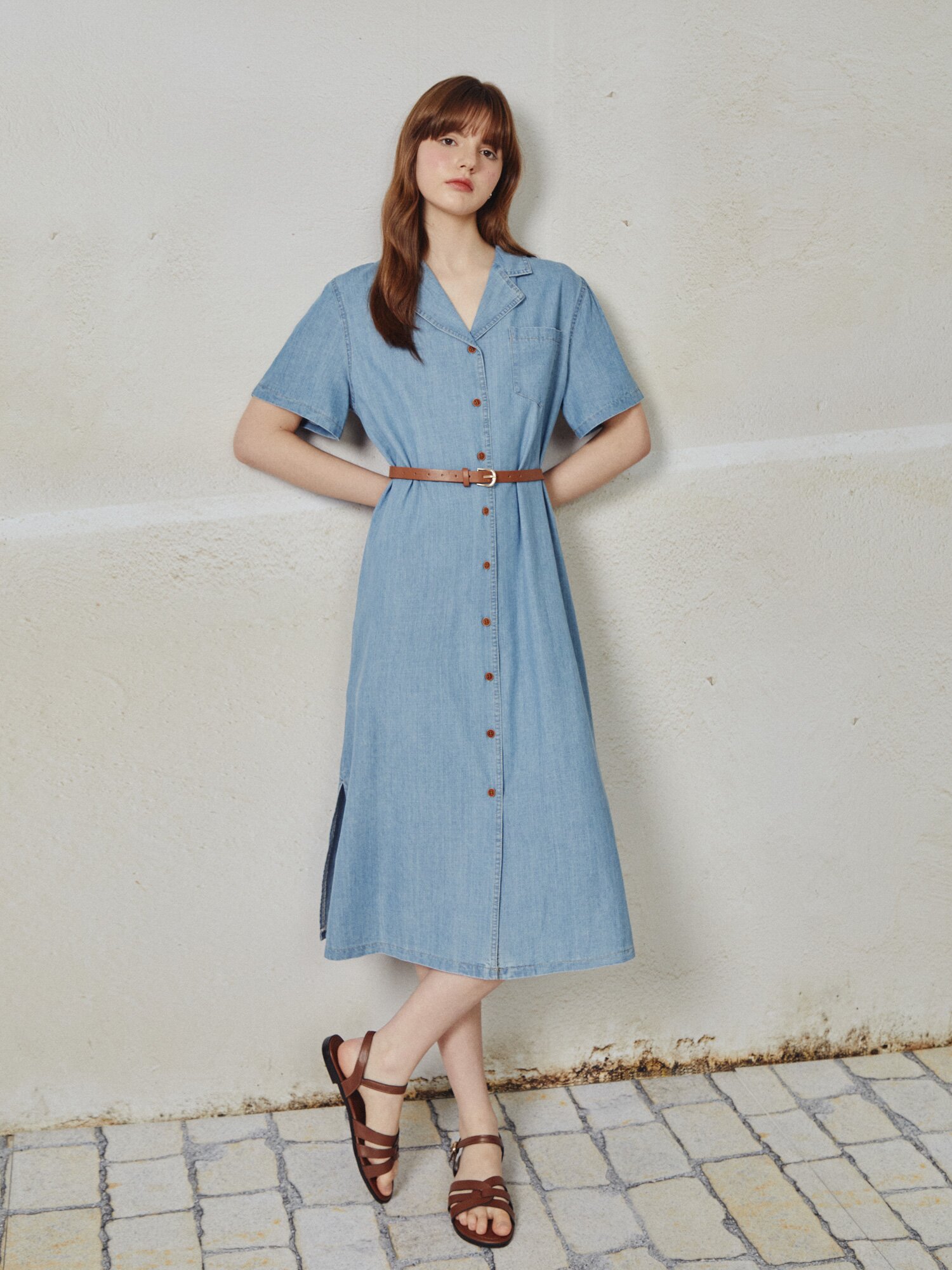 오픈 칼라 데님 롱 원피스 (LIGHT BLUE)