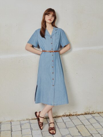 오픈 칼라 데님 롱 원피스 