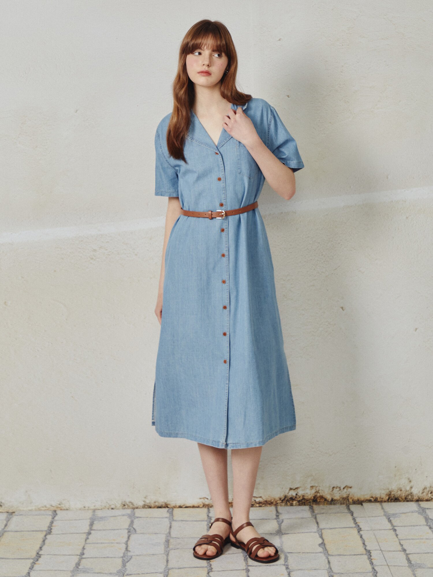 오픈 칼라 데님 롱 원피스 (LIGHT BLUE)