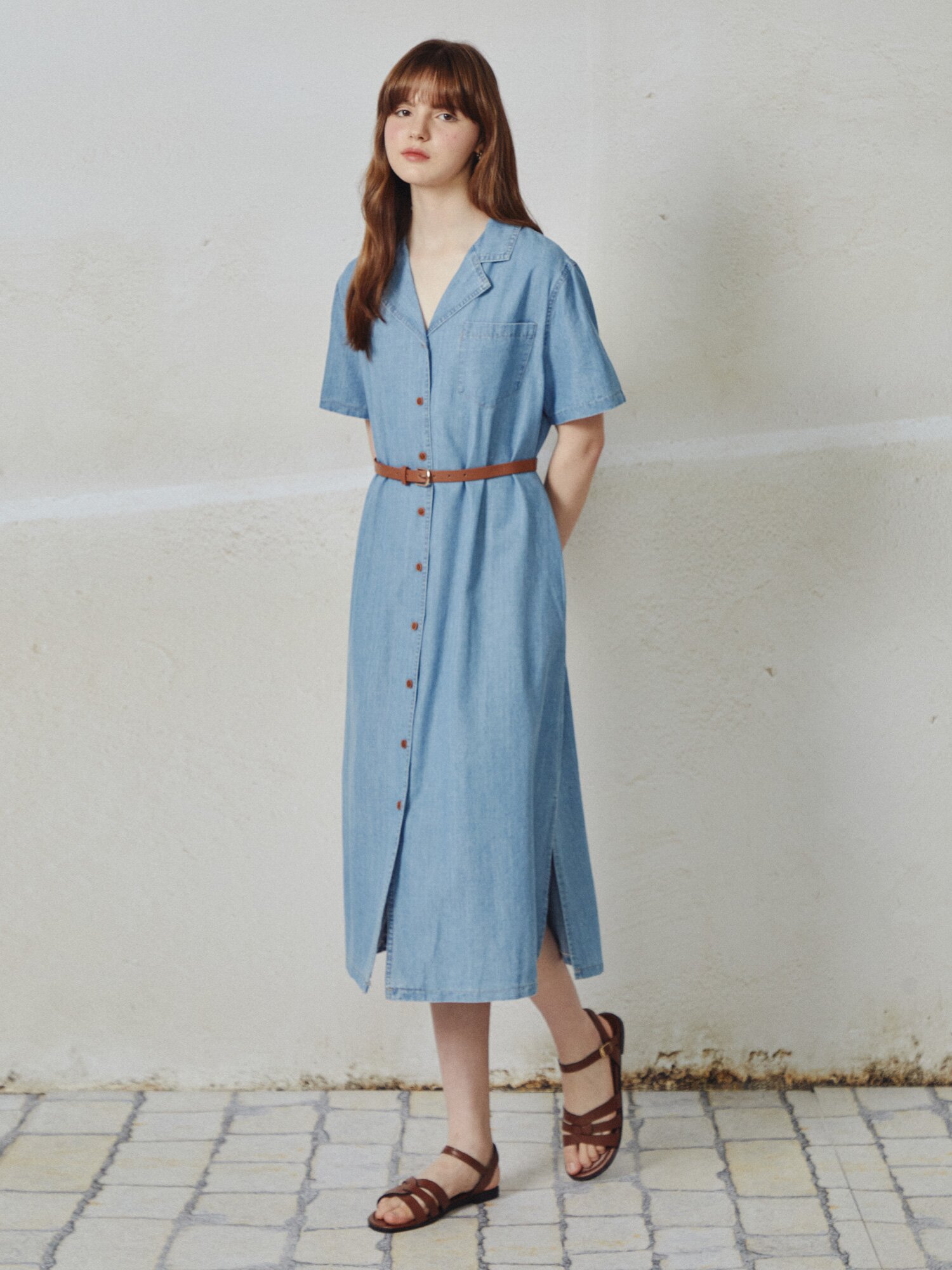 오픈 칼라 데님 롱 원피스 (LIGHT BLUE)