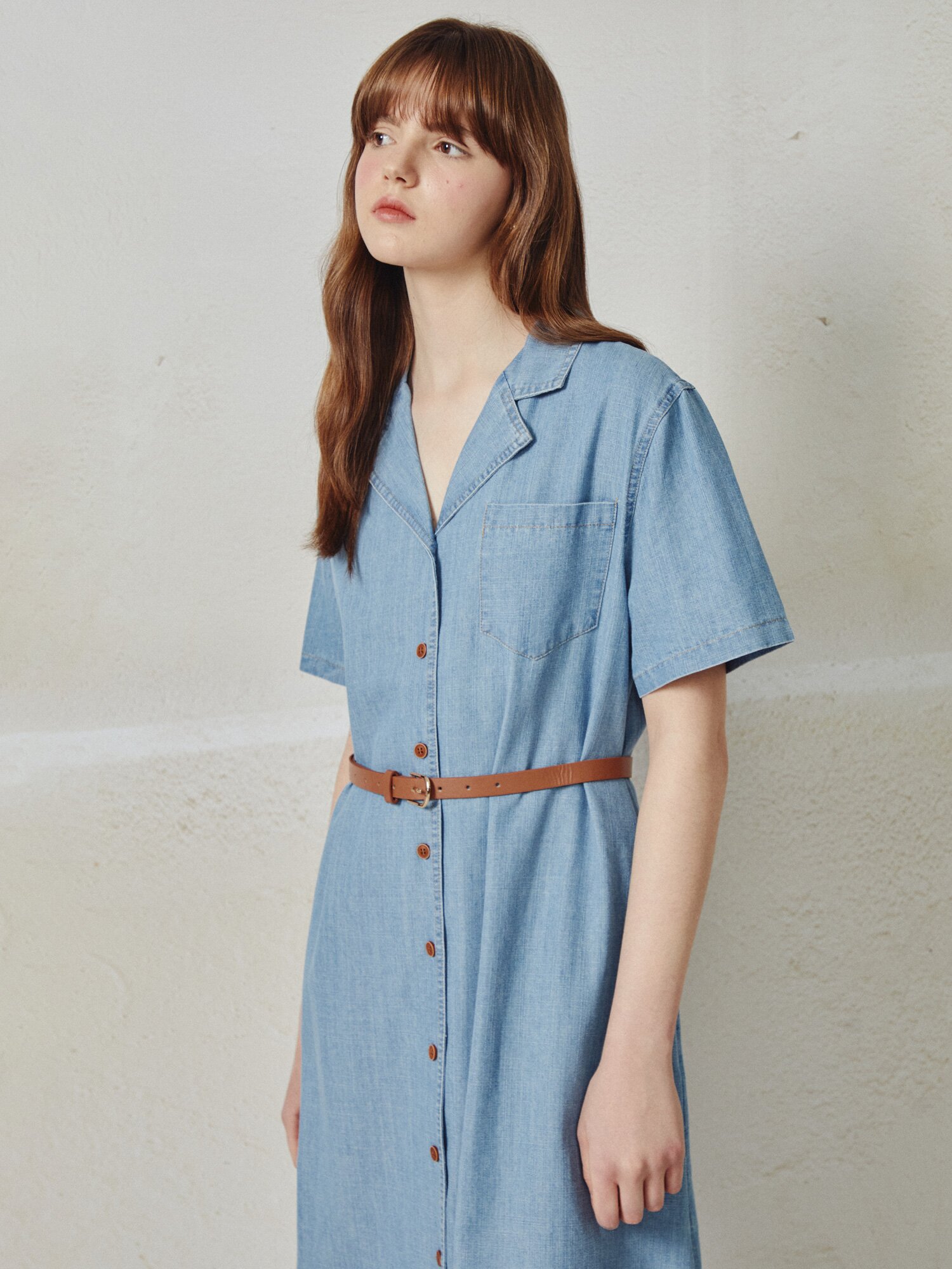 오픈 칼라 데님 롱 원피스 (LIGHT BLUE)