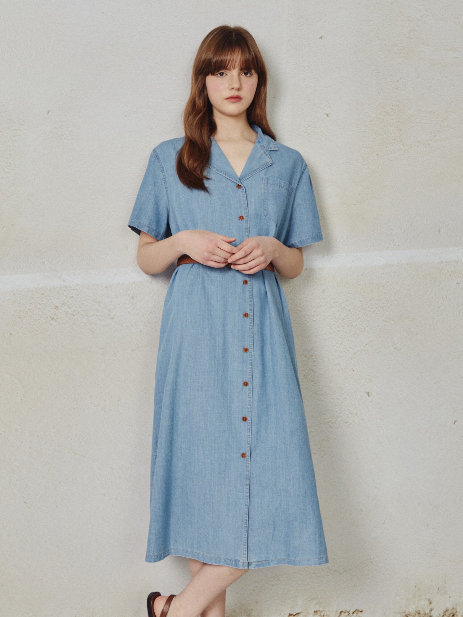 오픈 칼라 데님 롱 원피스 (LIGHT BLUE)