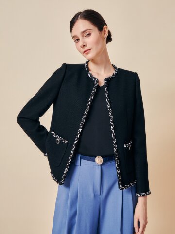 체인 트리밍 노칼라 트위드 재킷 