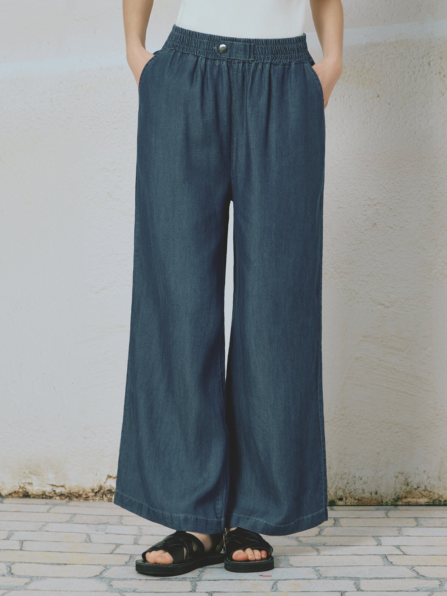 와이드핏 버튼 밴딩 데님팬츠 (DARK BLUE)