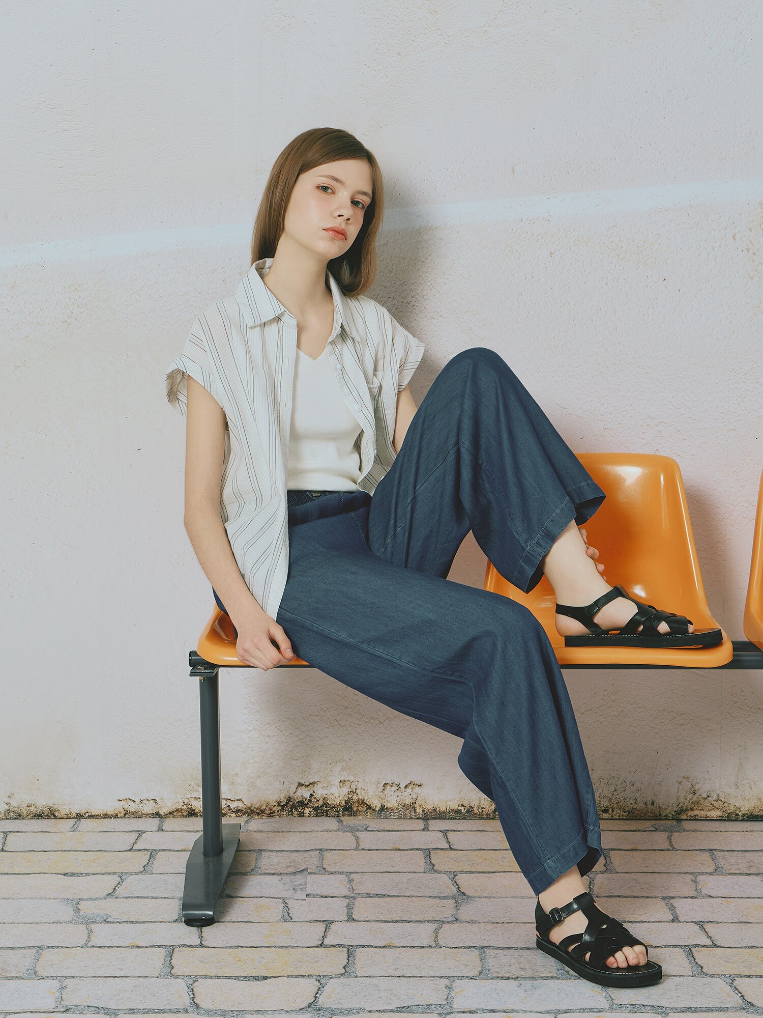 와이드핏 버튼 밴딩 데님팬츠 (DARK BLUE)