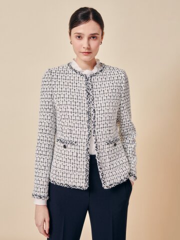 체인 트리밍 노칼라 트위드 재킷 