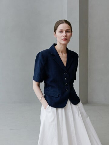 포멀 체크 린넨 자켓_네이비