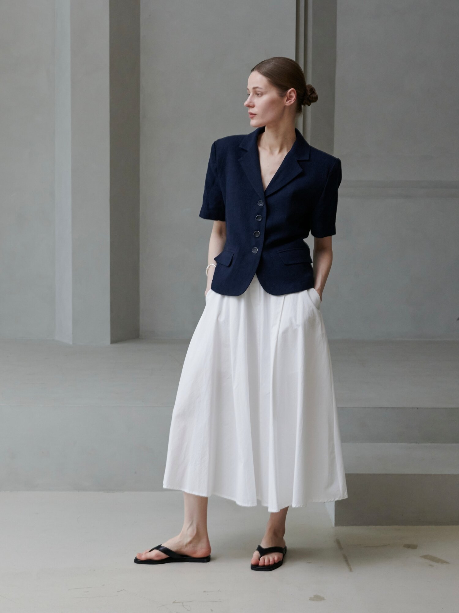 포멀 체크 린넨 자켓_네이비