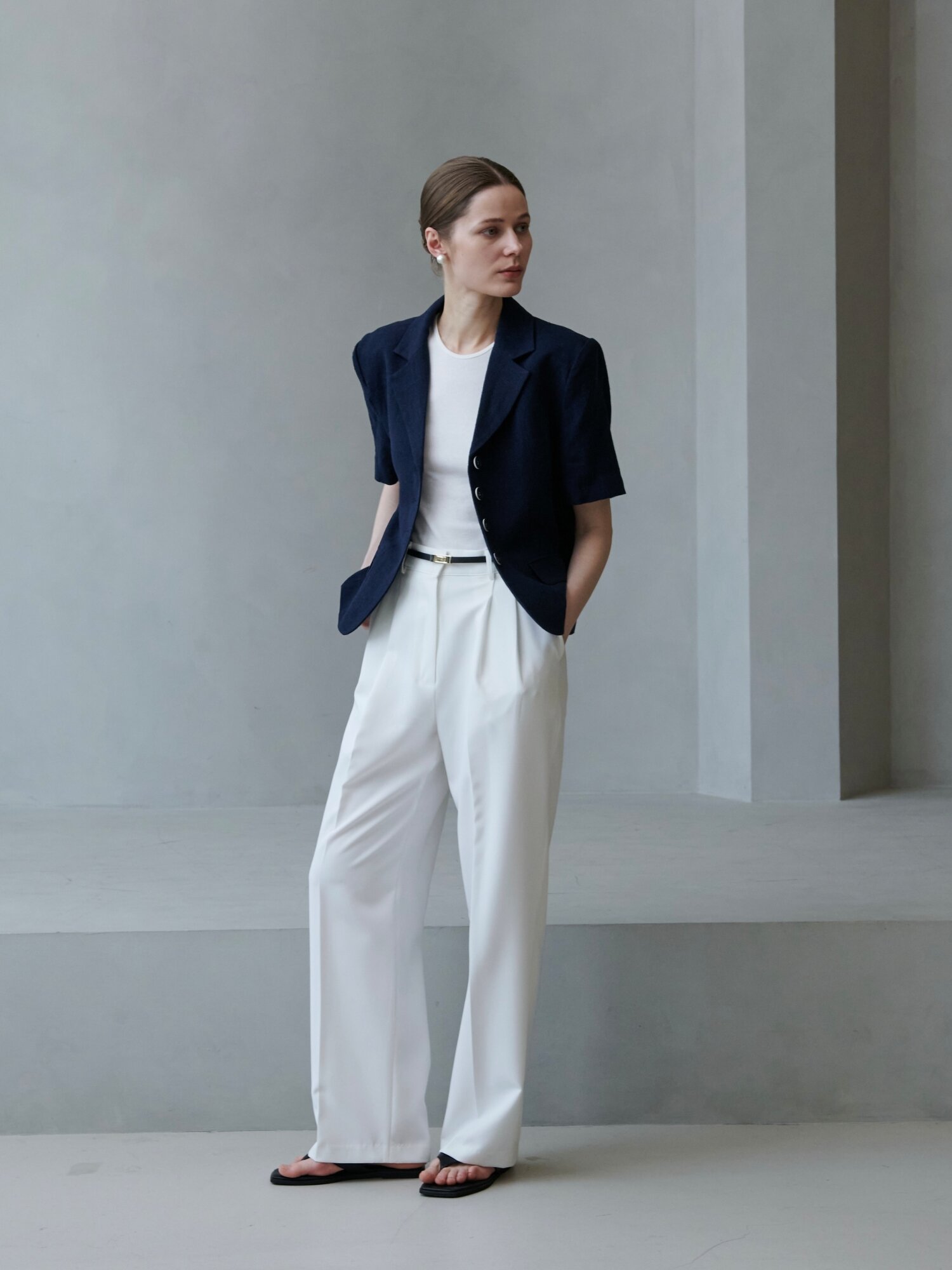 포멀 체크 린넨 자켓_네이비