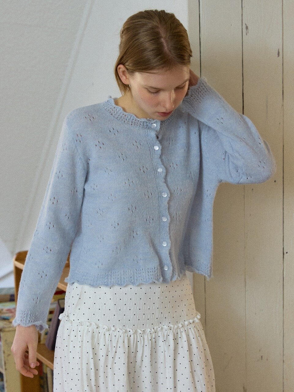 Scalloped Eyelet Cardigan_Skyblue
