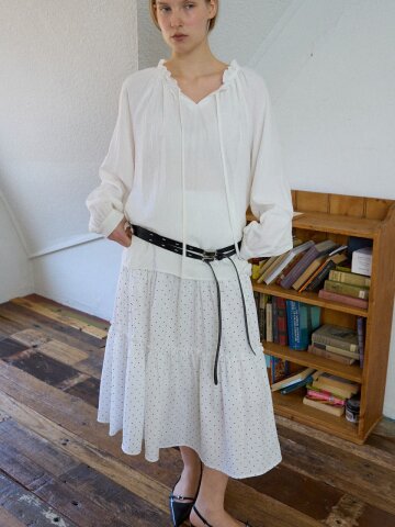 Shirred Ribbon Tie Blouse_White