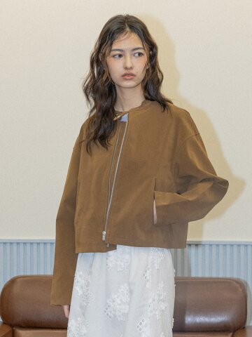 DD_Suede zip round neck jacket_BROWN