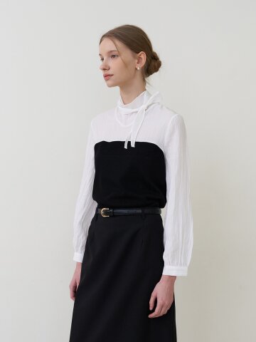 하이넥 뷔스티에 스카프 블라우스 블랙 [T61]