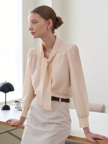 하이넥 시어 스카프 블라우스 베이지 [T61]