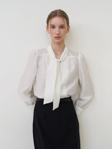 하이넥 시어 스카프 블라우스 아이보리 [T61]