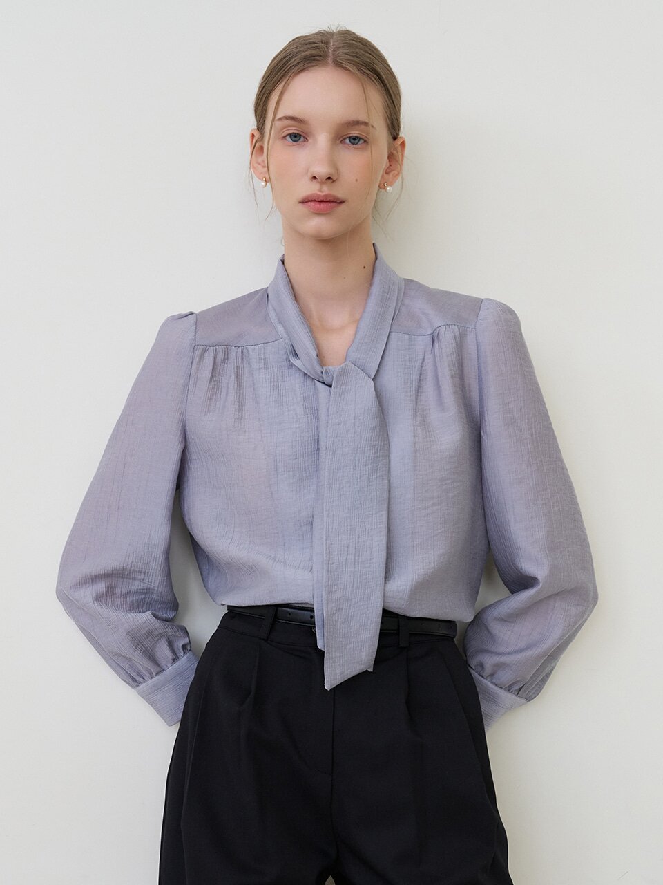 하이넥 시어 스카프 블라우스 애쉬블루 [T61]