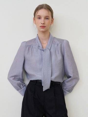 하이넥 시어 스카프 블라우스 애쉬블루 [T61]