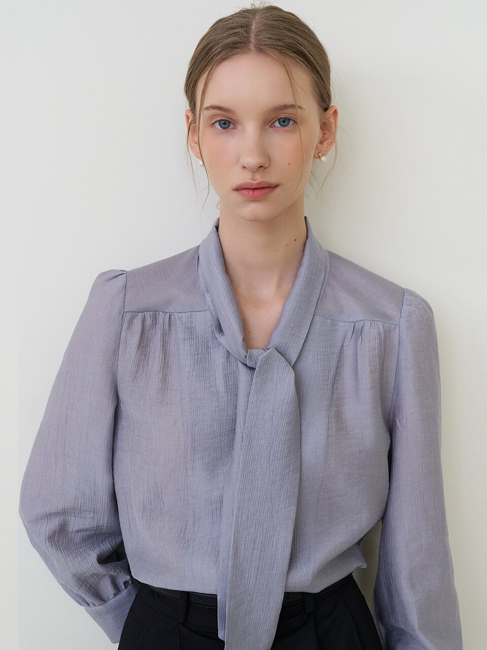 하이넥 시어 스카프 블라우스 애쉬블루 [T61]