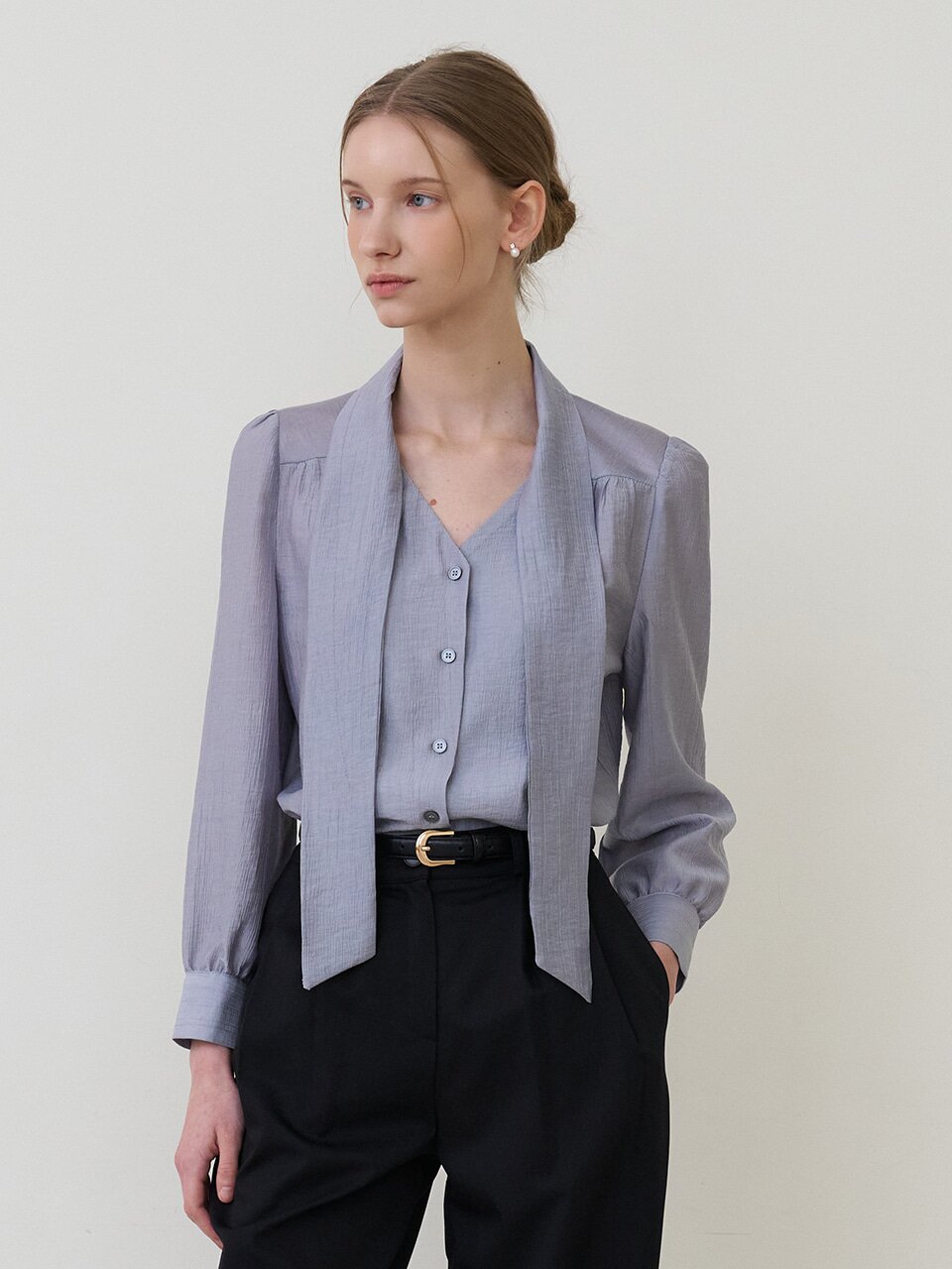 하이넥 시어 스카프 블라우스 애쉬블루 [T61]