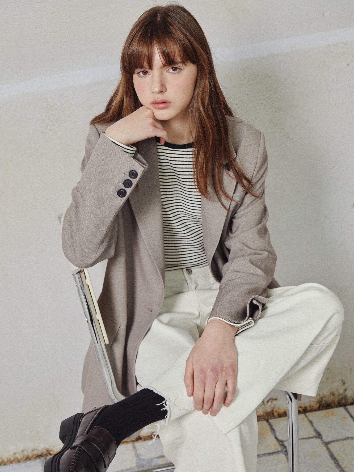 원 버튼 싱글 테일러드 재킷 (BEIGE)