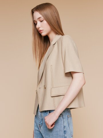 린넨 배색 스티치 더블 크롭 재킷 