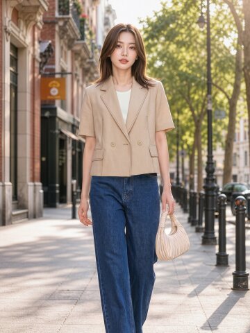 린넨 배색 스티치 더블 크롭 재킷 