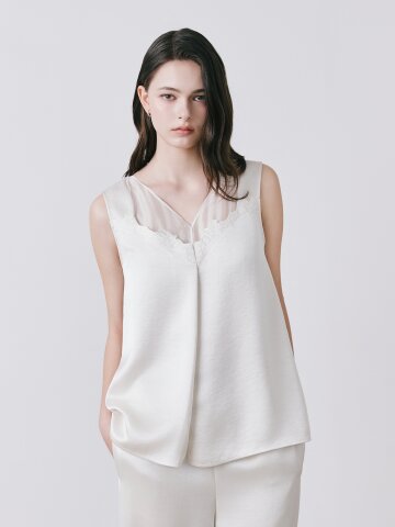 배색 자수 브이넥 블라우스 