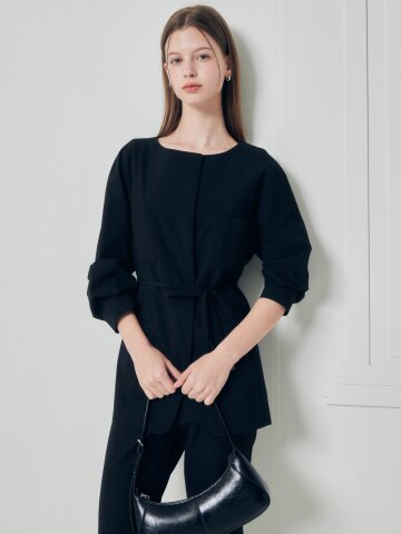 벨티드 라운드넥 셔츠 재킷 