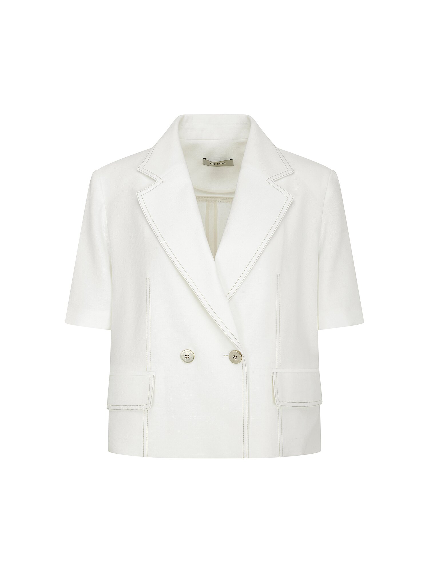 린넨 배색 스티치 더블 크롭 재킷 (WHITE)