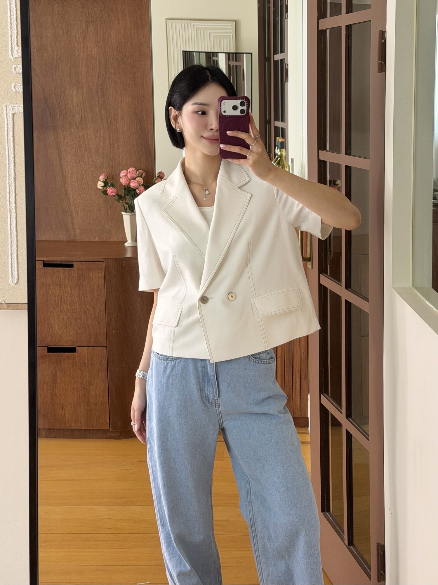 린넨 배색 스티치 더블 크롭 재킷 (WHITE)