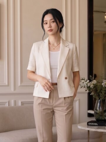 린넨 배색 스티치 더블 크롭 재킷 