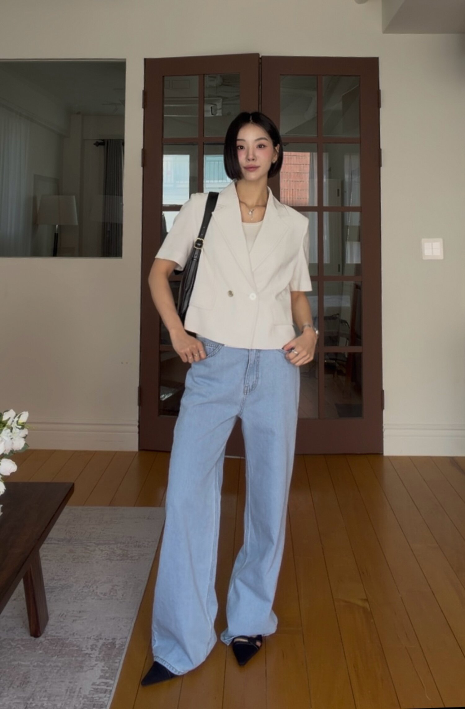 린넨 배색 스티치 더블 크롭 재킷 (WHITE)