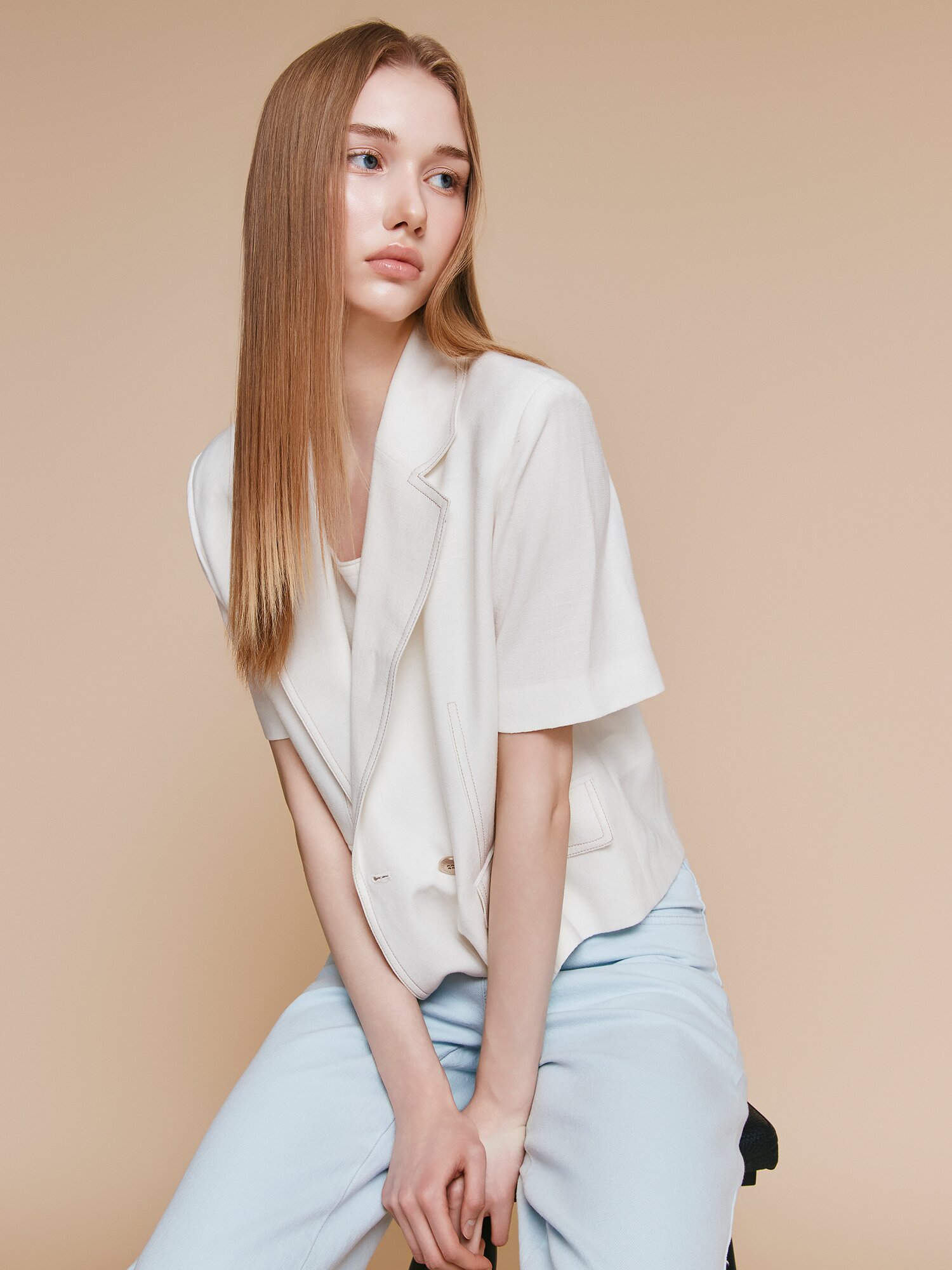 린넨 배색 스티치 더블 크롭 재킷 (WHITE)