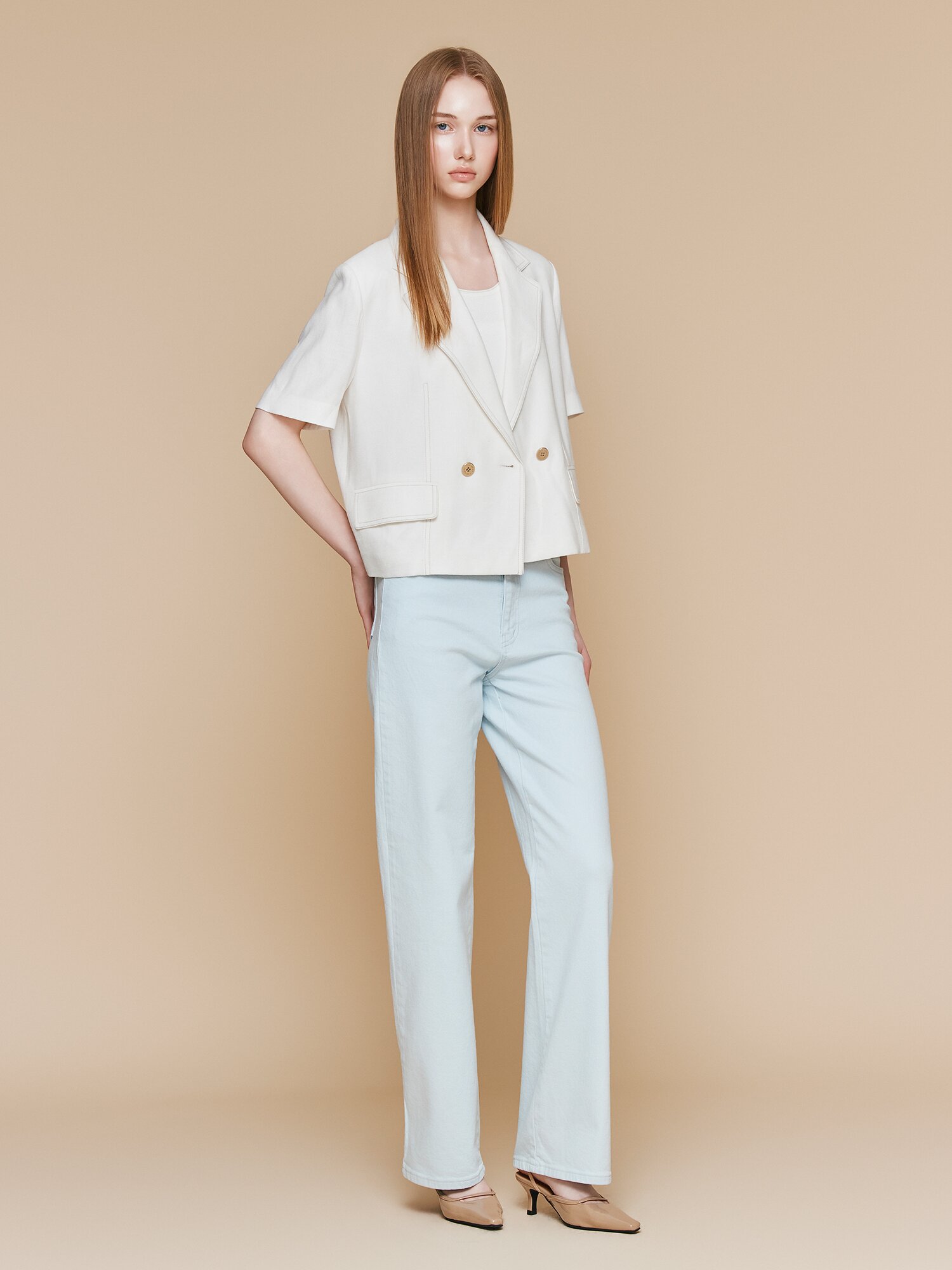 린넨 배색 스티치 더블 크롭 재킷 (WHITE)