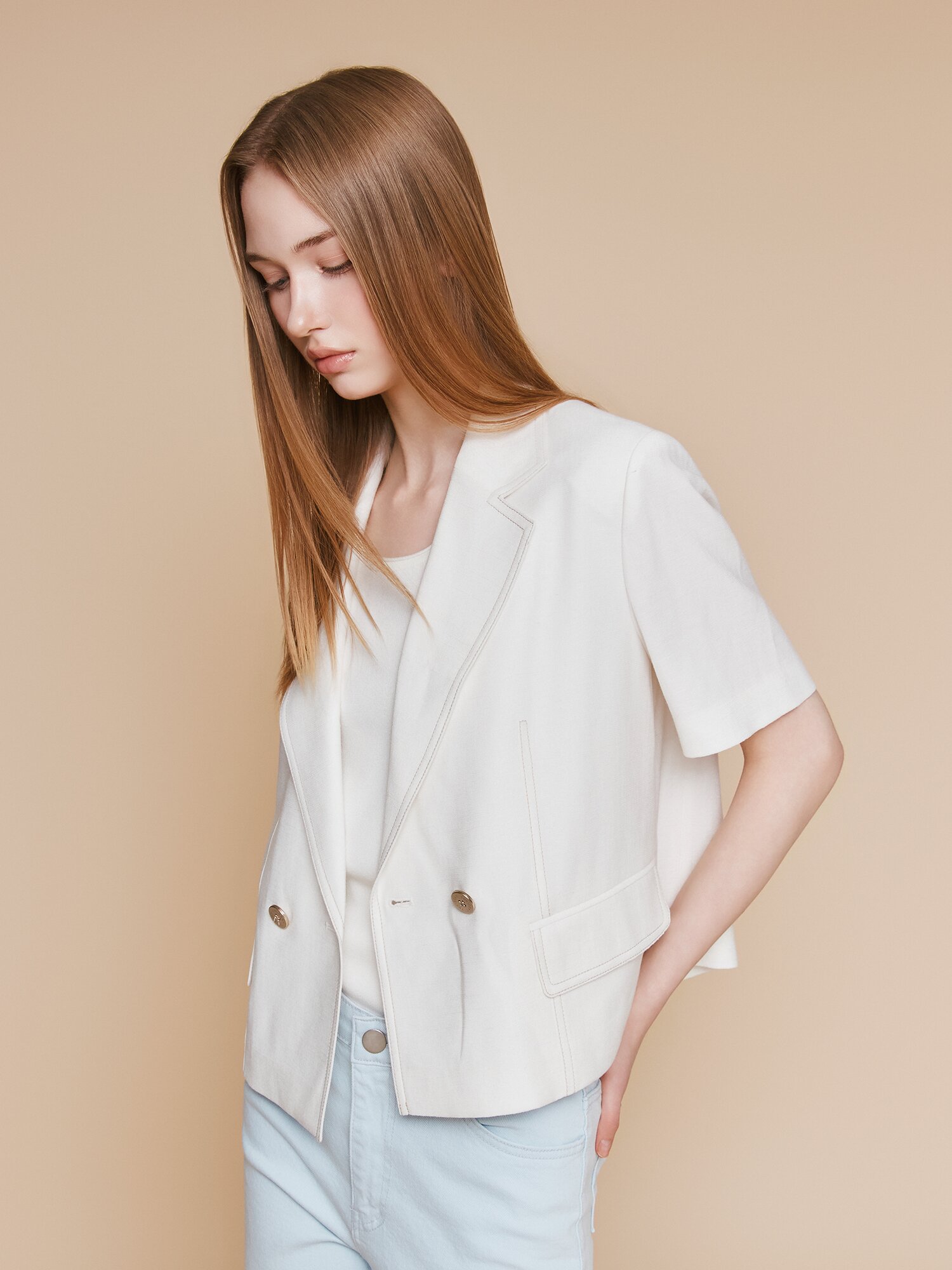 린넨 배색 스티치 더블 크롭 재킷 (WHITE)