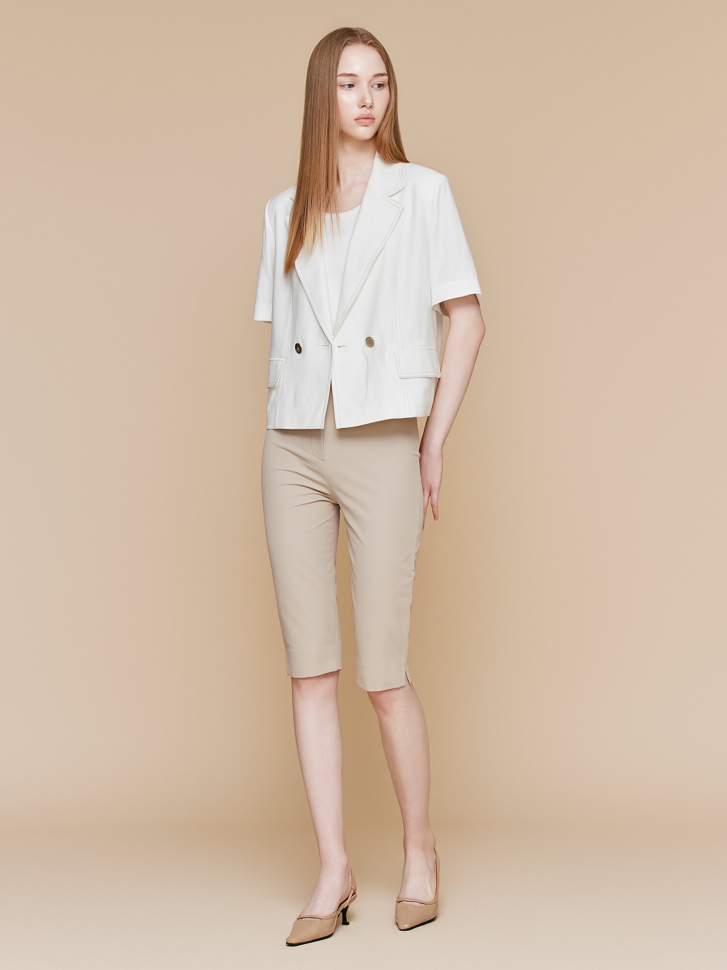 린넨 배색 스티치 더블 크롭 재킷 (WHITE)