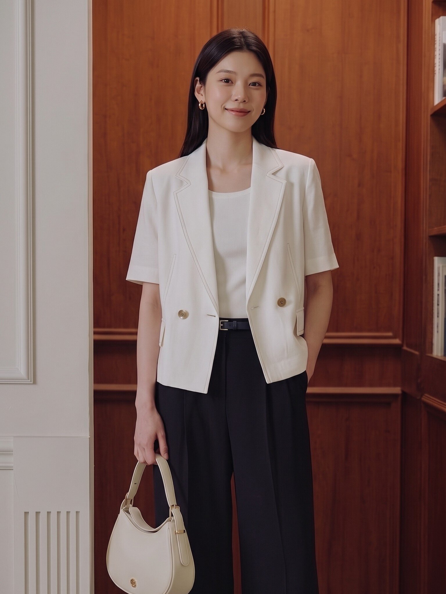 린넨 배색 스티치 더블 크롭 재킷 (WHITE)