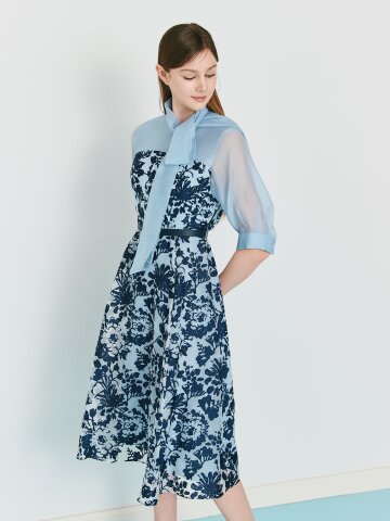 타이 배색 플로럴 플레어 원피스 