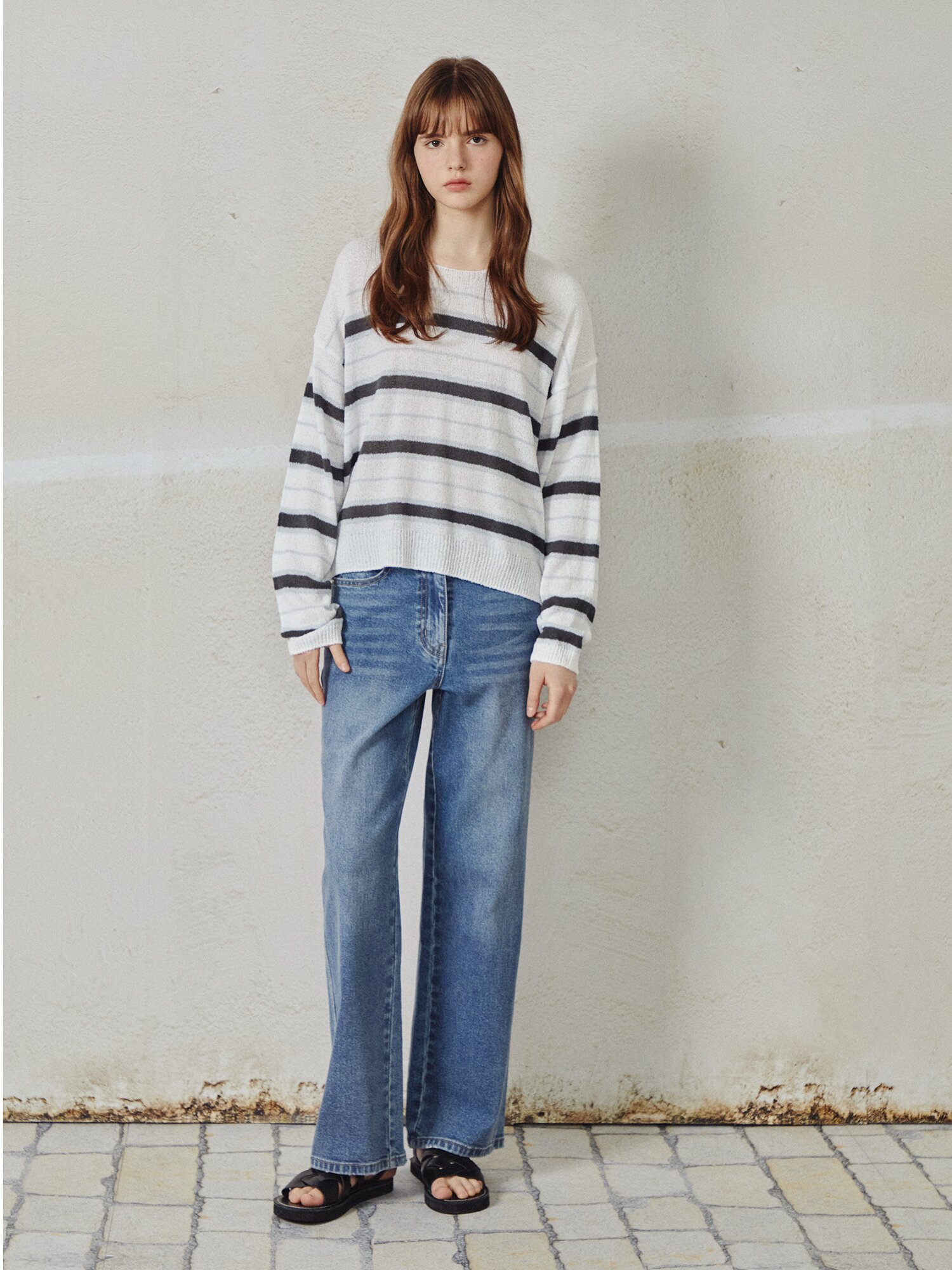 부클레 스트라이프 풀오버 니트 (IVORY)