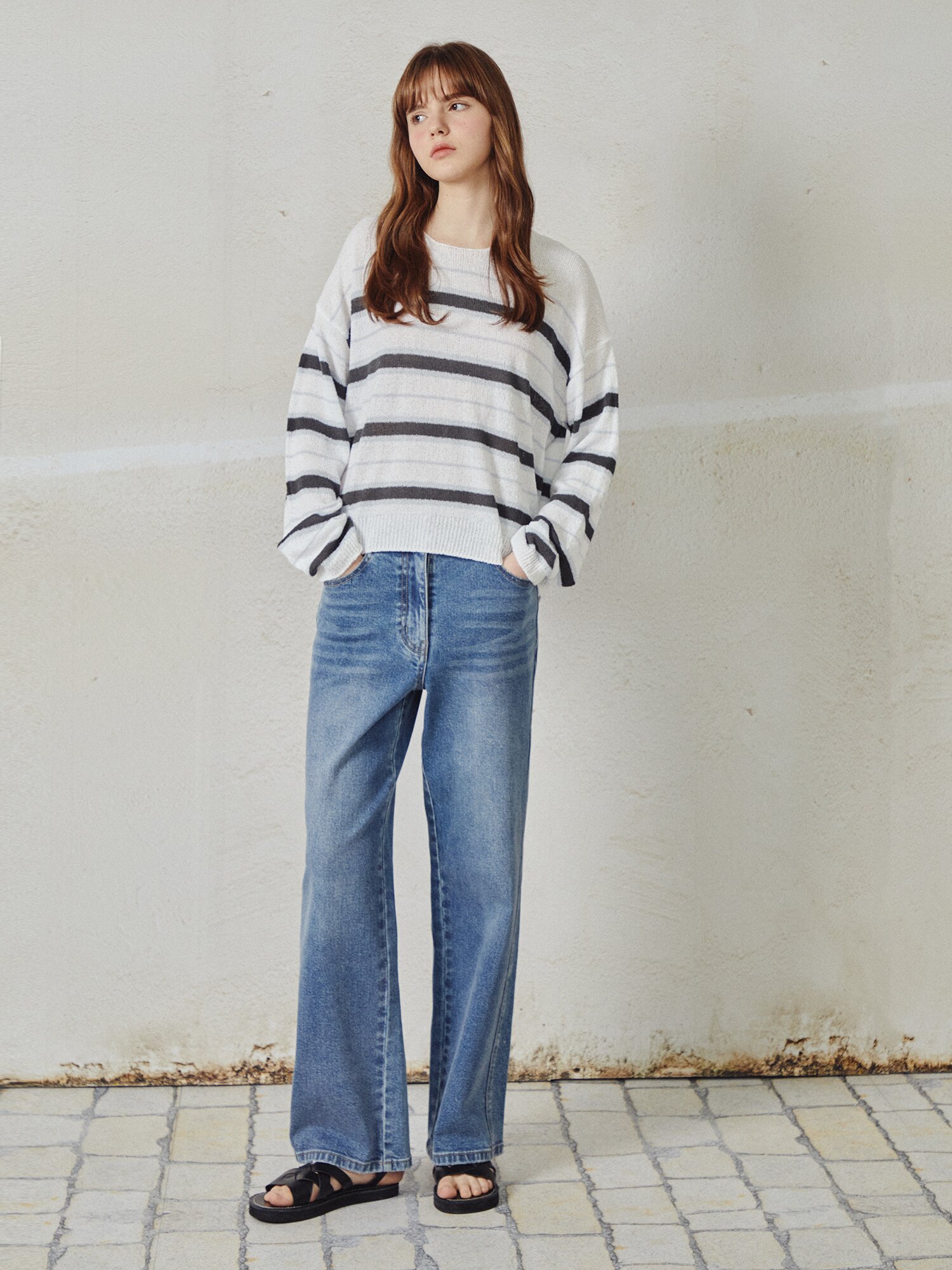 부클레 스트라이프 풀오버 니트 (IVORY)