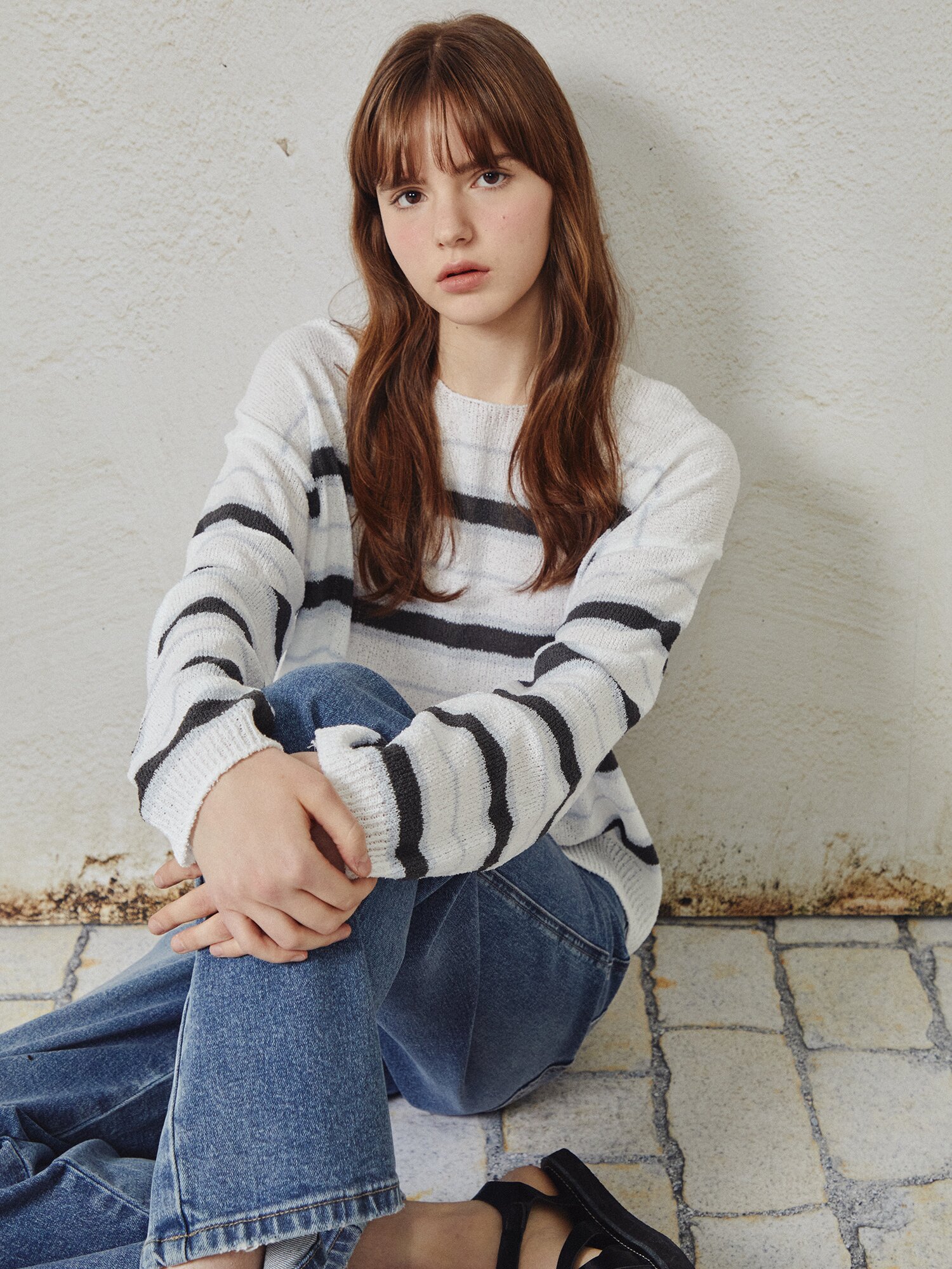 부클레 스트라이프 풀오버 니트 (IVORY)