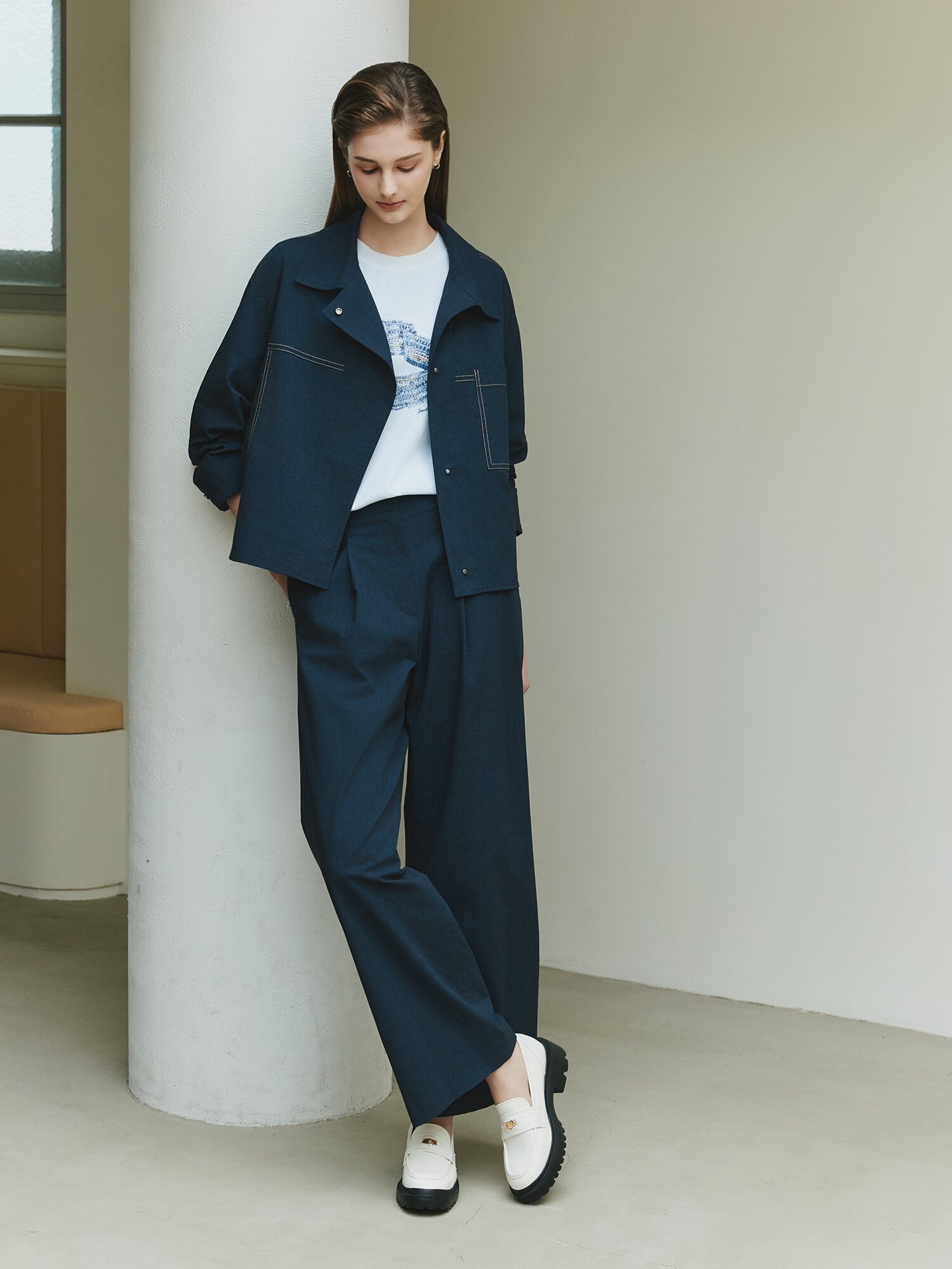 원턱 백 밴딩 와이드 팬츠 (INDIGO)