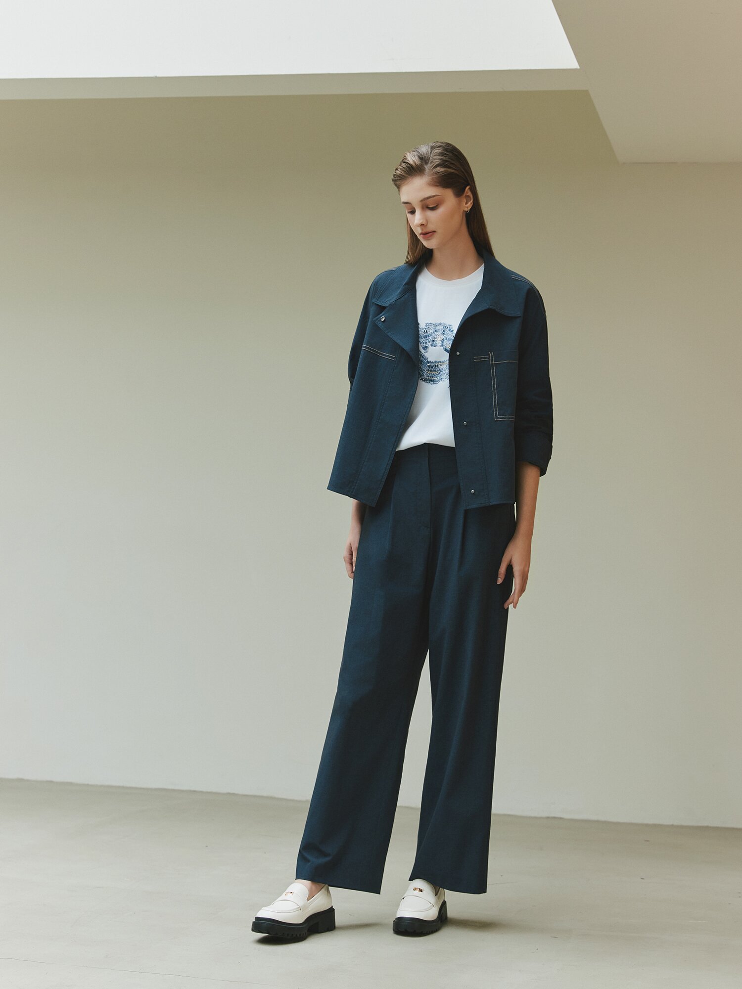 원턱 백 밴딩 와이드 팬츠 (INDIGO)