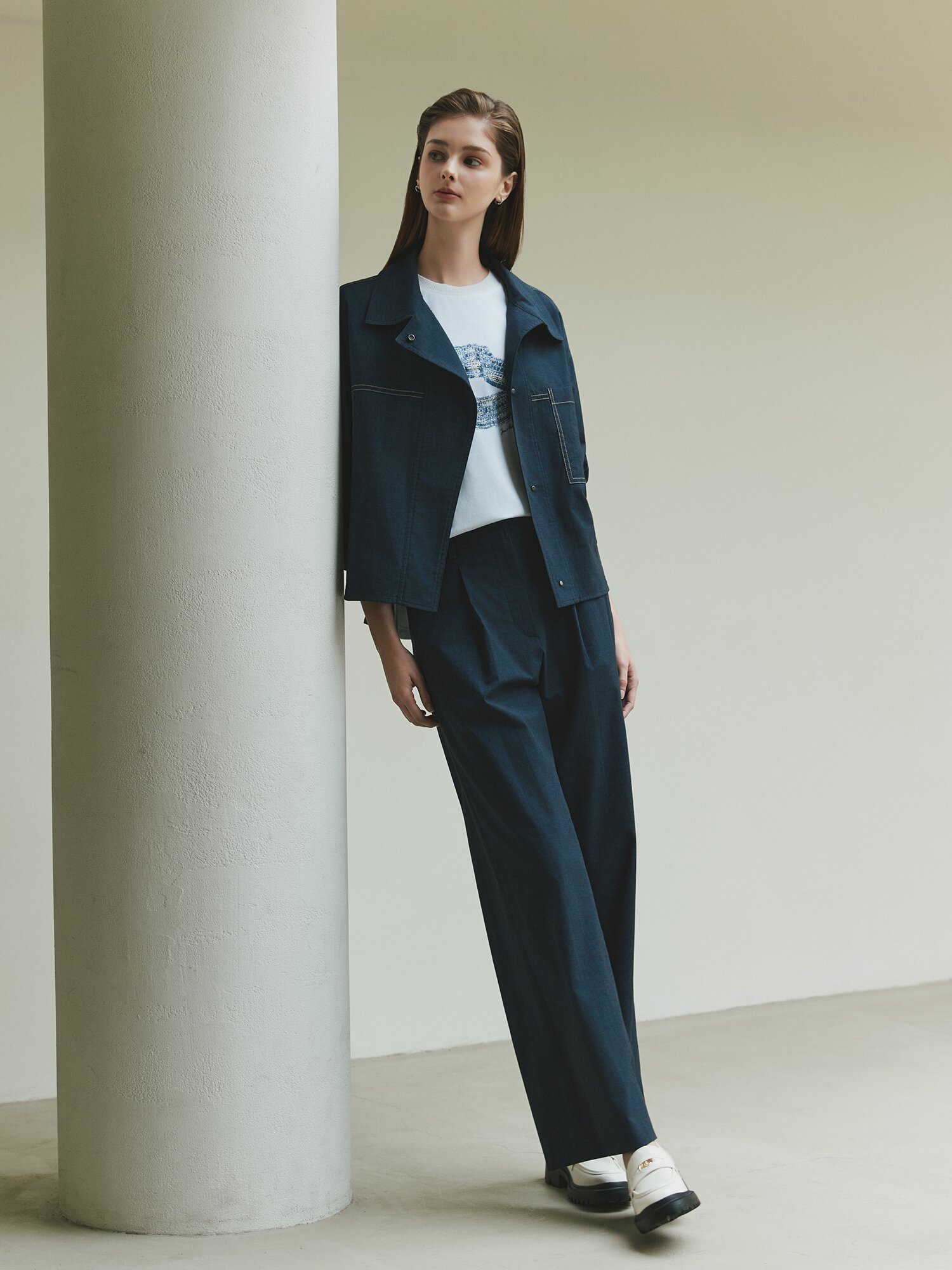 원턱 백 밴딩 와이드 팬츠 (INDIGO)