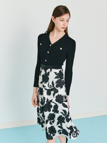 플로럴 배색 플레어 니트 원피스 