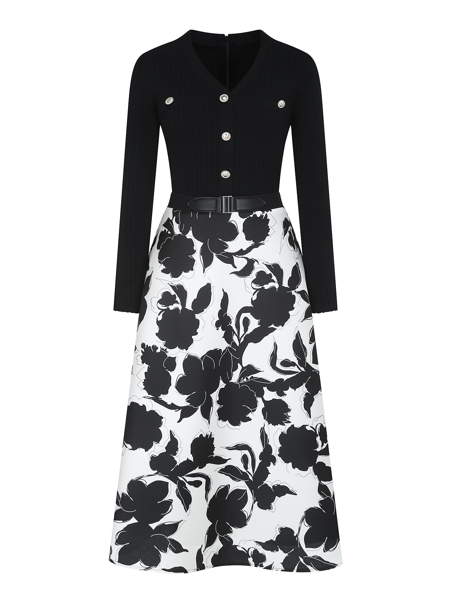 플로럴 배색 플레어 니트 원피스 (PRINT BLACK)