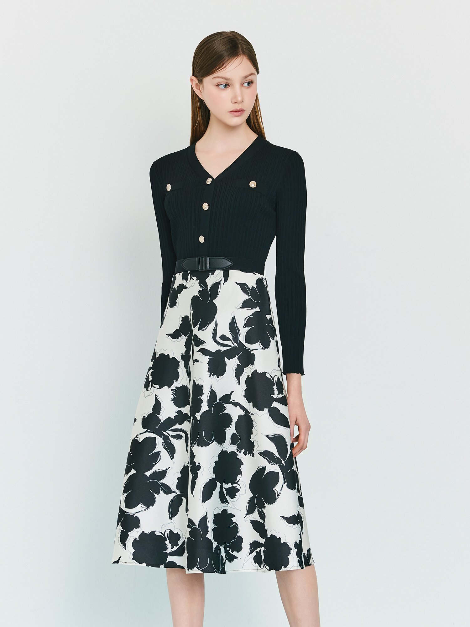 플로럴 배색 플레어 니트 원피스 (PRINT BLACK)