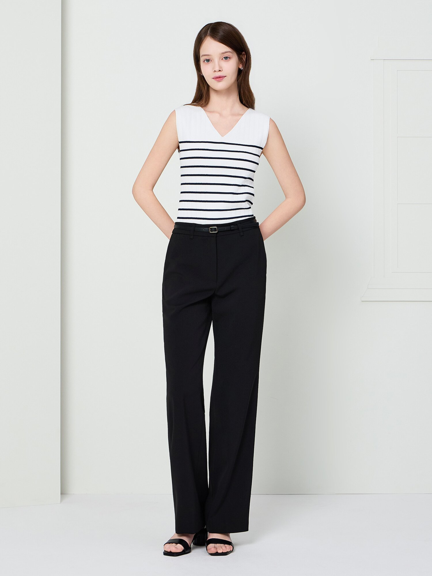 골지 투웨이 슬리브리스 니트 (STRIPE IVORY)